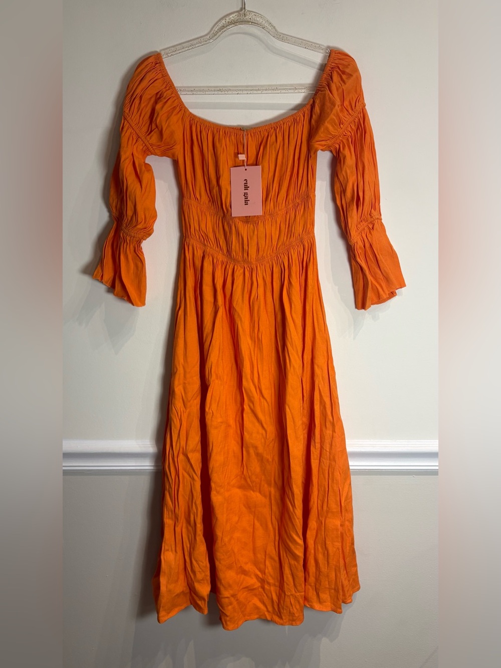 Cult Gaia Stella Off the Shoulder Smocked Midi Dress Sunburst Orange NWT Size XS - Picture 4 of 8